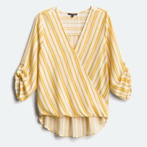 West Kei Rolltab Sleeve High Low Top - Yellow with White Stripes - Size L - NWOT